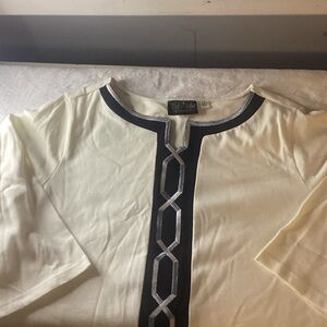 Bob Mackie wearable art embroidered scroll tunic off white black and silver grey